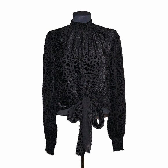 Maison Cinqcent Black Velvet Leopard Print Mock Neck Blouse Sz XS - Picture 2 of 8